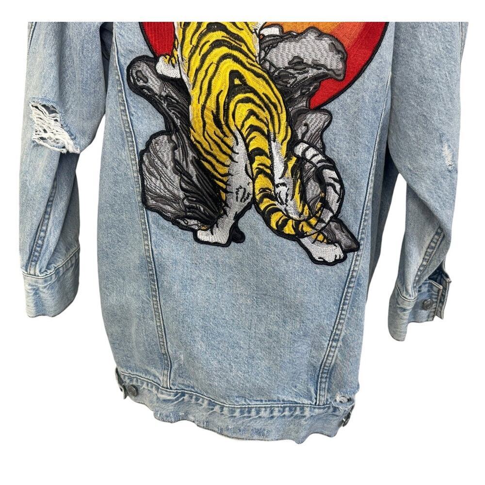 Japanese TIGER Sunset Retro Distressed Denim Jacket Oversized Distressed Sz SP - Picture 9 of 13